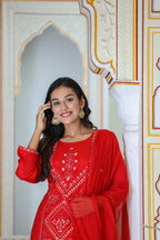 Kaajh Women's Red Embroidered Silk Kurta Sharara Set With Kota Doria Dupatta - Distacart