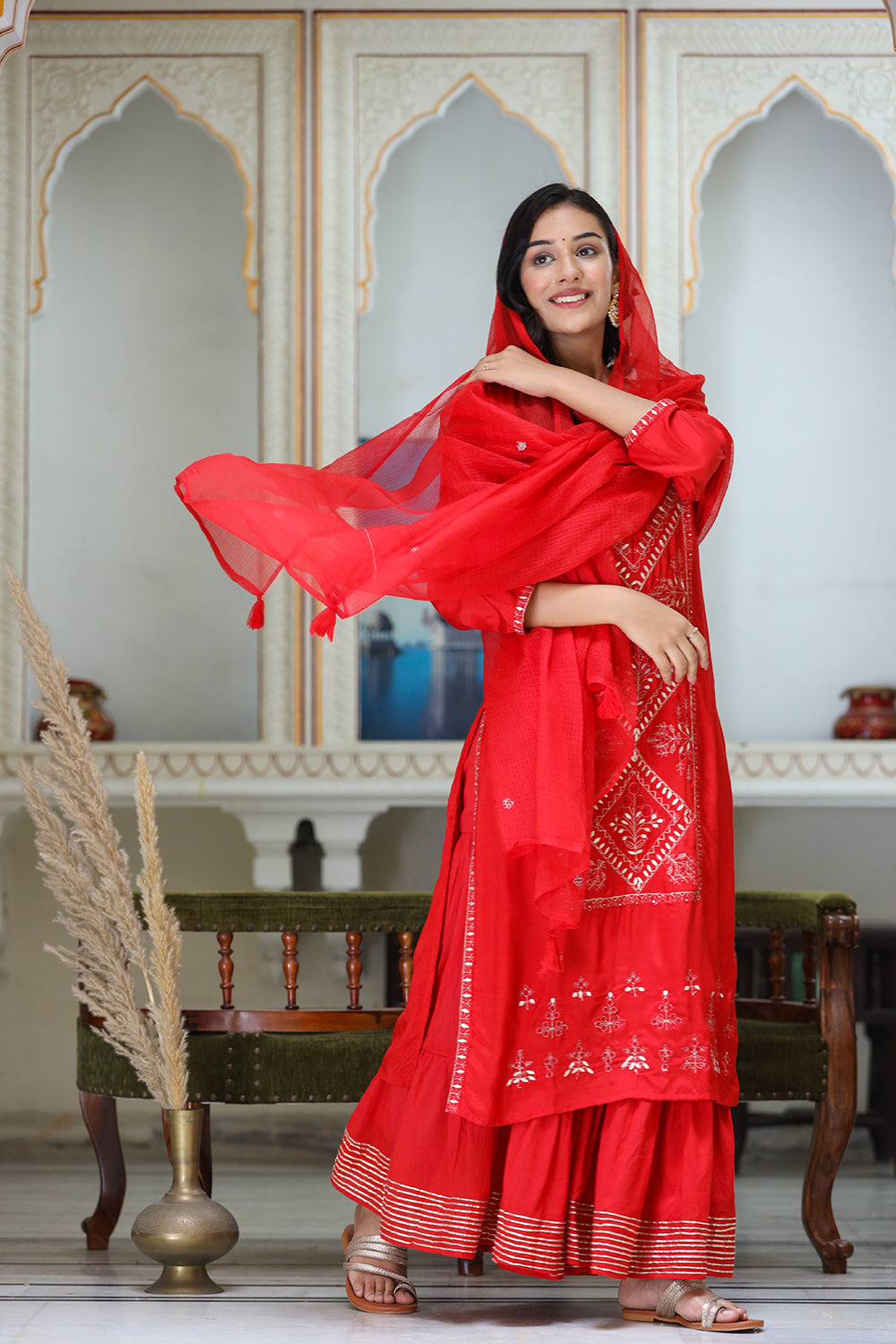 Kaajh Women's Red Embroidered Silk Kurta Sharara Set With Kota Doria Dupatta - Distacart