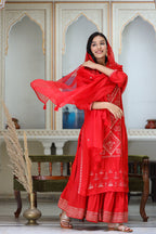 Kaajh Women's Red Embroidered Silk Kurta Sharara Set With Kota Doria Dupatta - Distacart