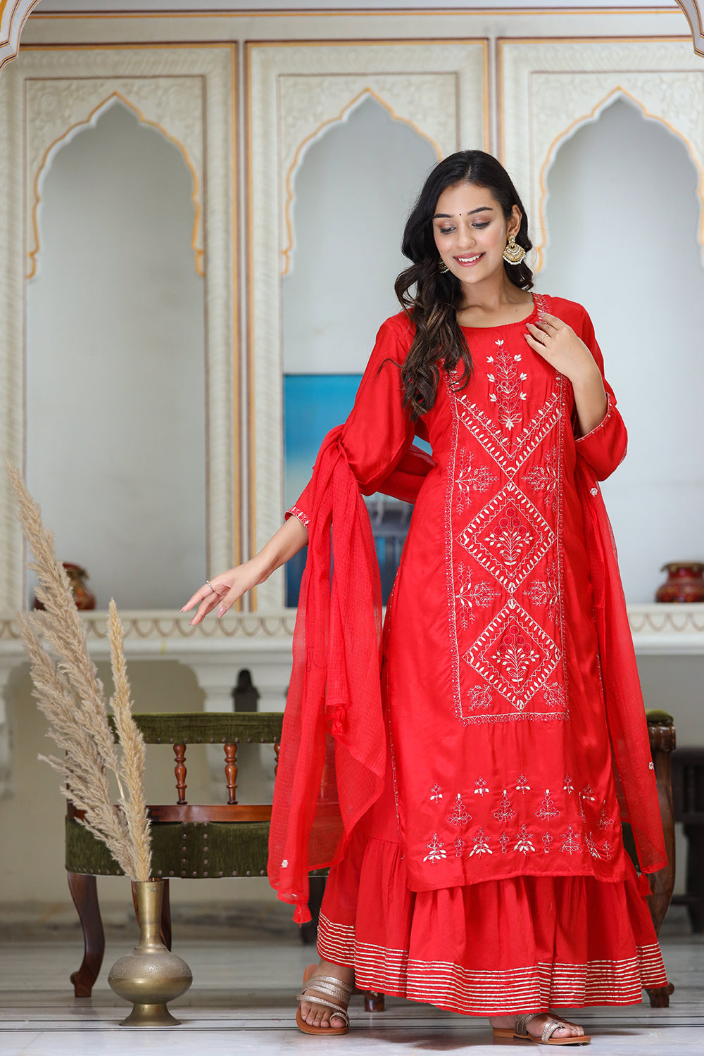 Kaajh Women's Red Embroidered Silk Kurta Sharara Set With Kota Doria Dupatta - Distacart