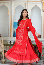 Kaajh Women's Red Embroidered Silk Kurta Sharara Set With Kota Doria Dupatta - Distacart