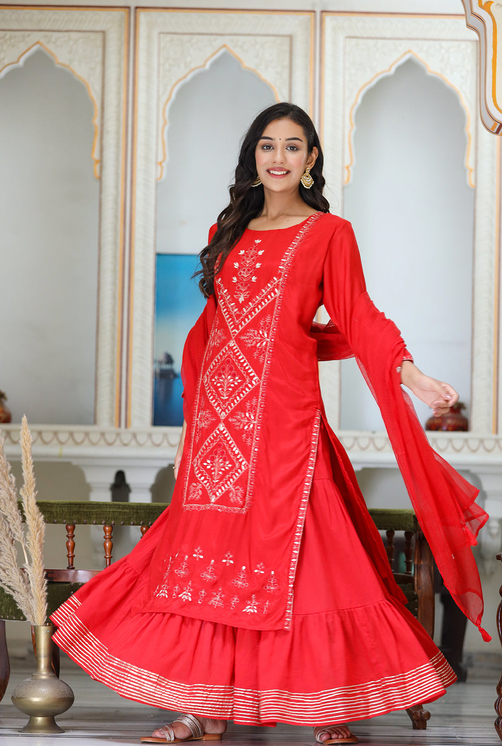Kaajh Women's Red Embroidered Silk Kurta Sharara Set With Kota Doria Dupatta - Distacart