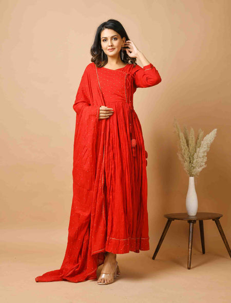 Kaajh Women's Red Zari Embellishment Angrakha Suit Set