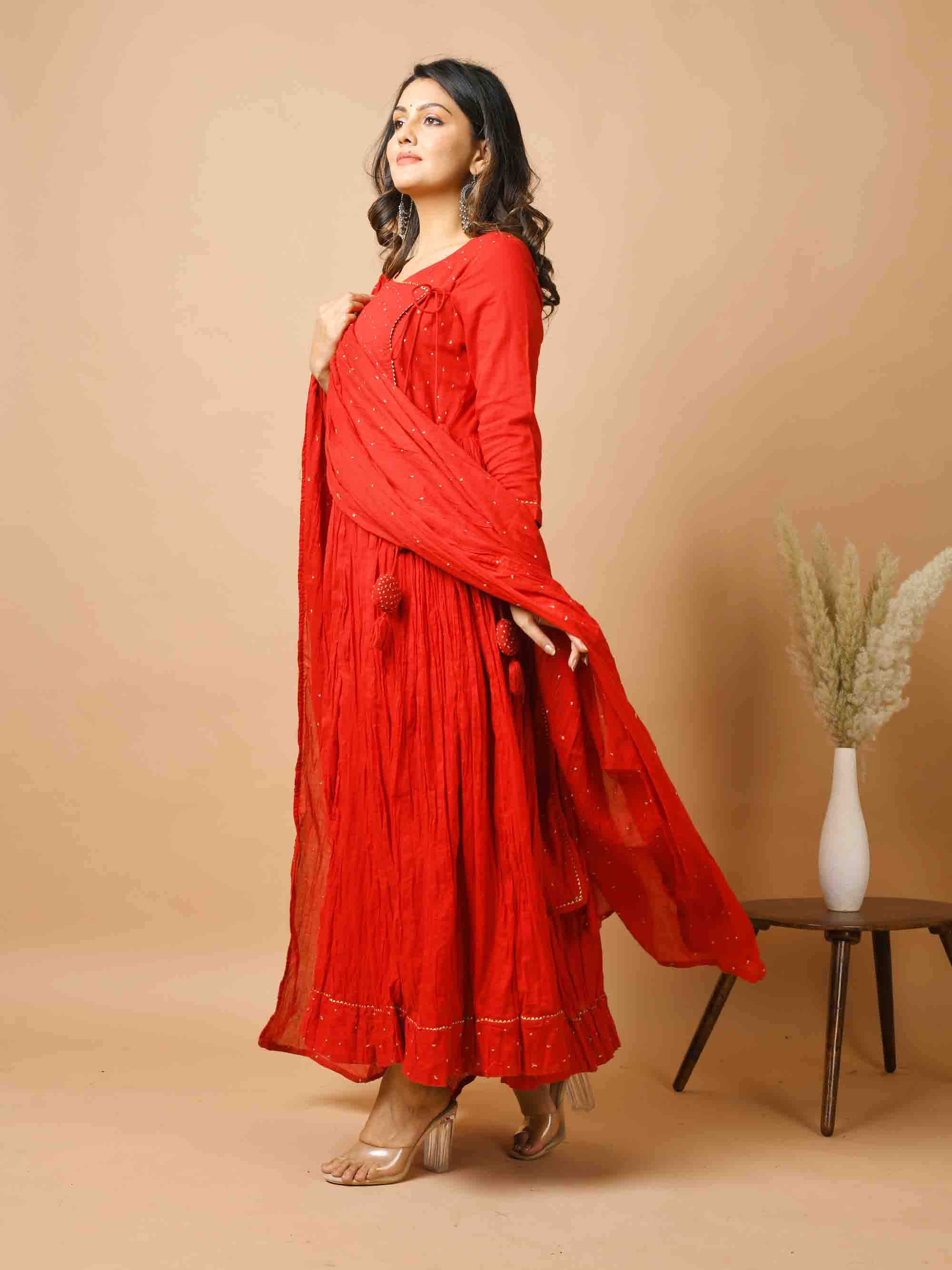 Kaajh Women's Red Zari Embellishment Angrakha Suit Set - Distacart