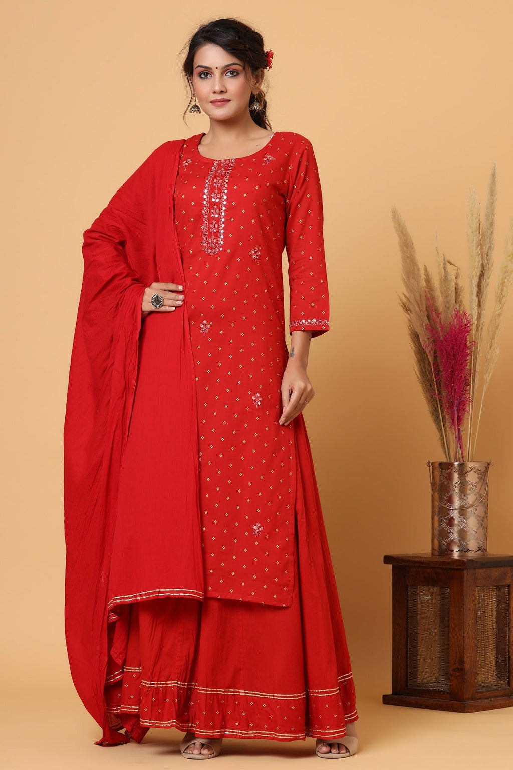 Kaajh Women's Red Gold Print Suit Set - Distacart