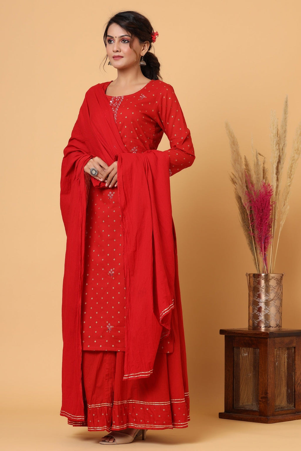 Kaajh Women's Red Gold Print Suit Set - Distacart