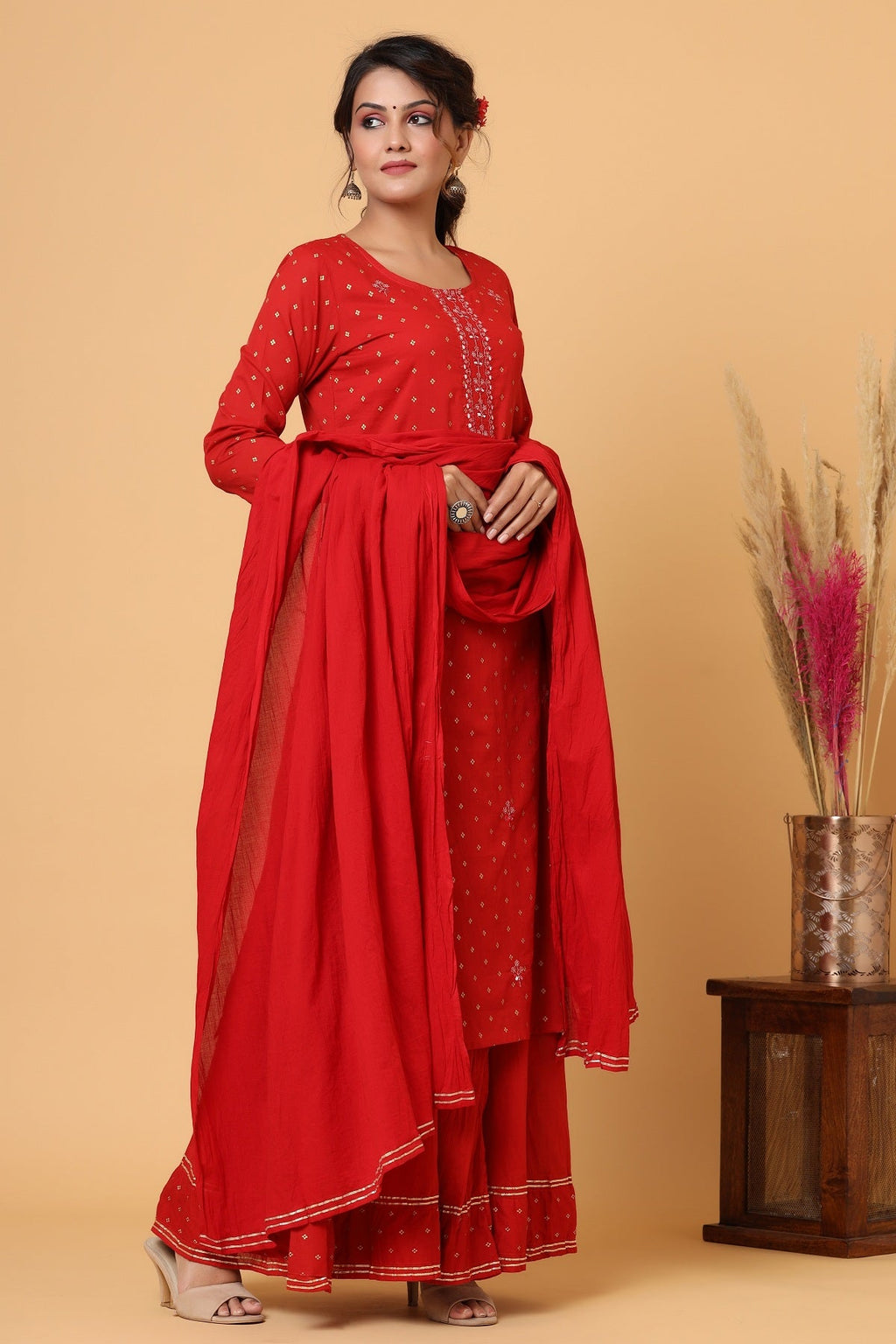 Kaajh Women's Red Gold Print Suit Set - Distacart