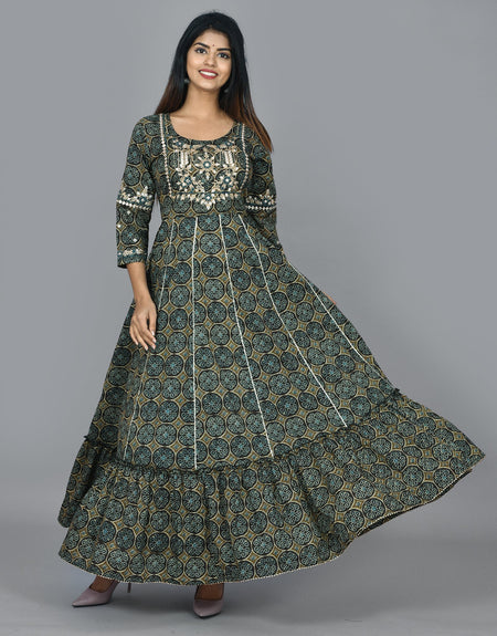 Kaajh Green Mirror Embroidery Anarkali Kurta For Women