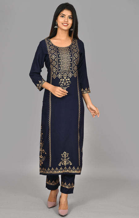 Kaajh Blue Gold Printed Kurta Pant Set For Women