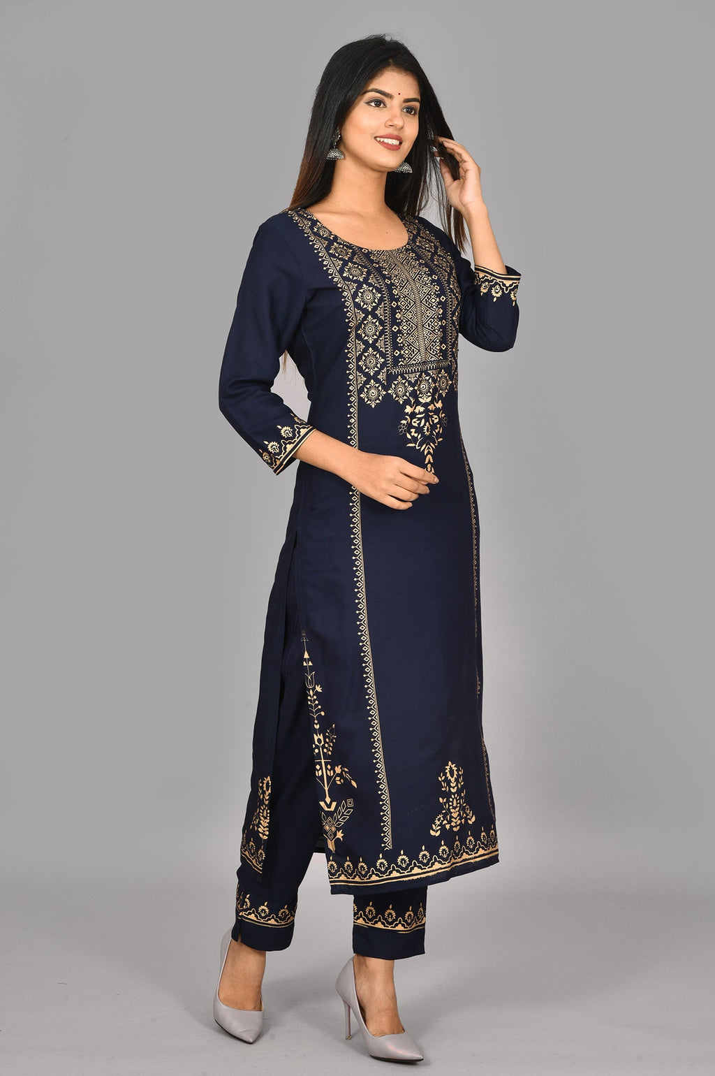 Kaajh Blue Gold Printed Kurta Pant Set For Women - Distacart