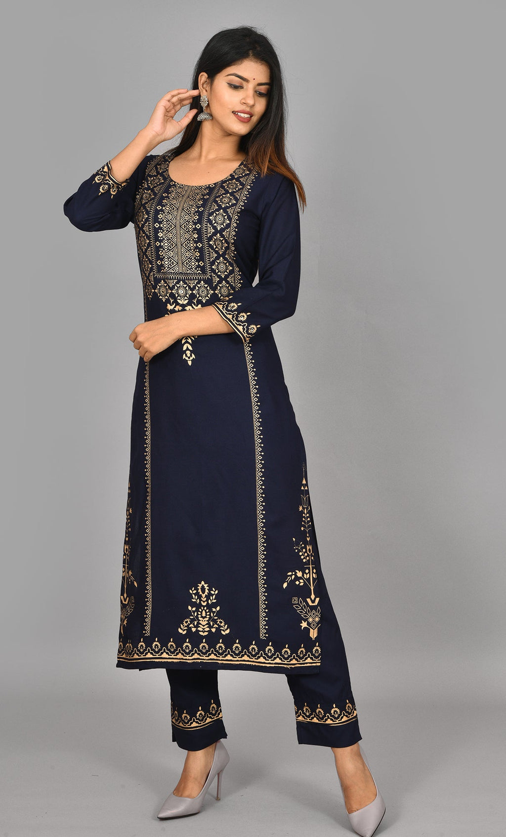 Kaajh Blue Gold Printed Kurta Pant Set For Women - Distacart