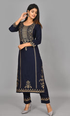 Kaajh Blue Gold Printed Kurta Pant Set For Women - Distacart