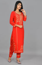 Kaajh Women's Red Gold Printed Kurta Pant Set - Distacart