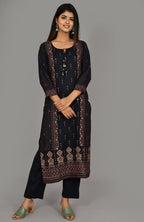 Kaajh Women's Blue Gold Printed Kurta Pant Set - Distacart