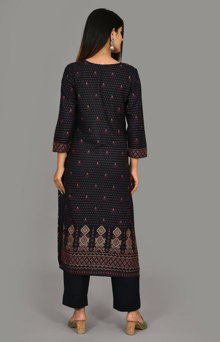 Kaajh Women's Blue Gold Printed Kurta Pant Set