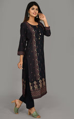 Kaajh Women's Blue Gold Printed Kurta Pant Set - Distacart