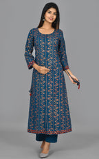 Kaajh Women's Blue Gold Print Long Kurta Pant Set - Distacart
