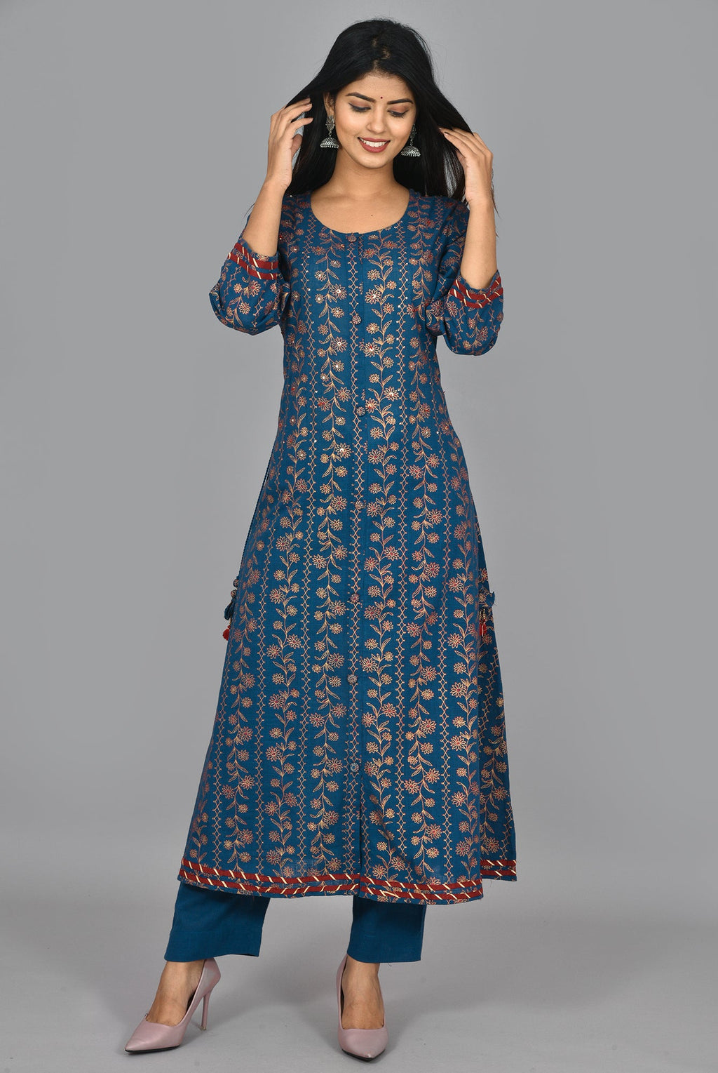 Kaajh Women's Blue Gold Print Long Kurta Pant Set - Distacart