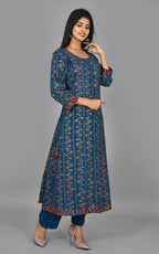 Kaajh Women's Blue Gold Print Long Kurta Pant Set - Distacart