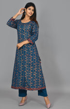 Kaajh Women's Blue Gold Print Long Kurta Pant Set - Distacart