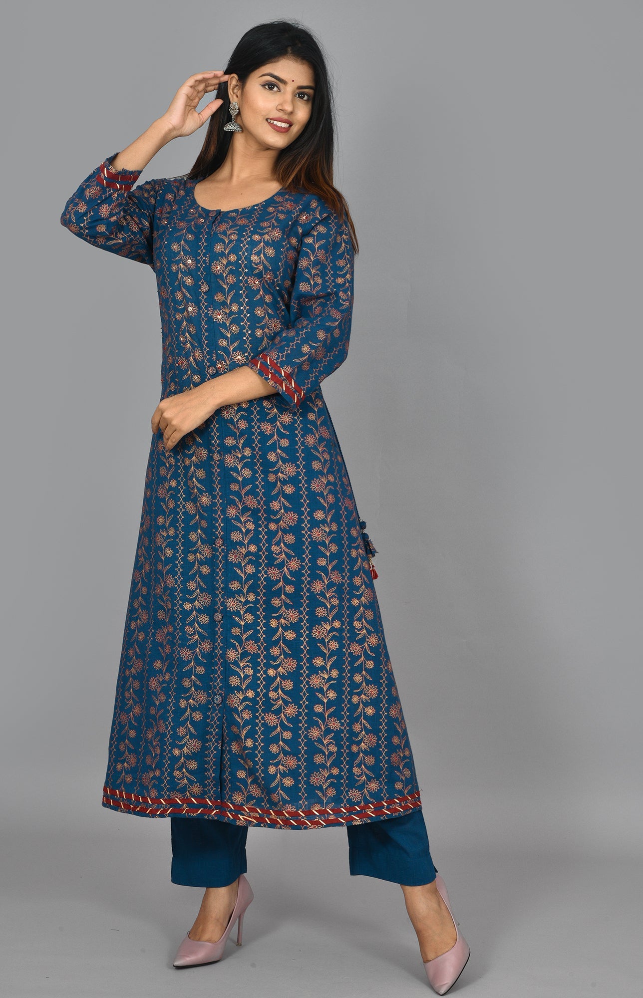 Kaajh Women's Blue Gold Print Long Kurta Pant Set - Distacart