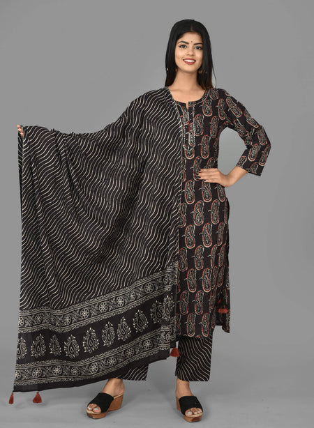 Kaajh Women's Black Paisley Print Cotton Suit Set