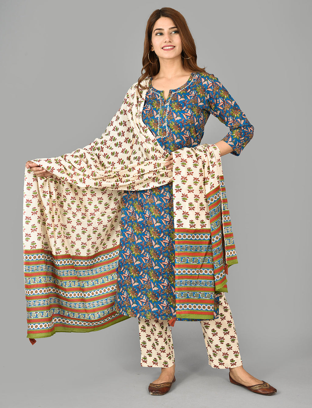 Kaajh Blue Floral Print Cotton Suit Set For Women - Distacart