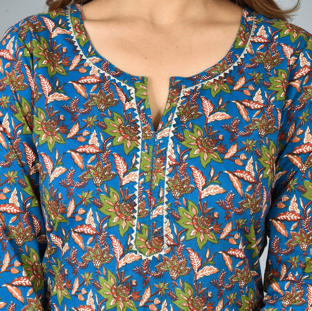 Kaajh Blue Floral Print Cotton Suit Set For Women - Distacart