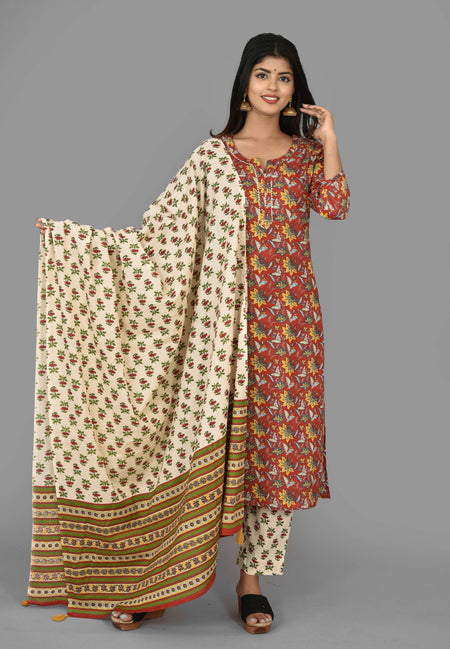 Kaajh Women's Red Floral Print Cotton Suit Set
