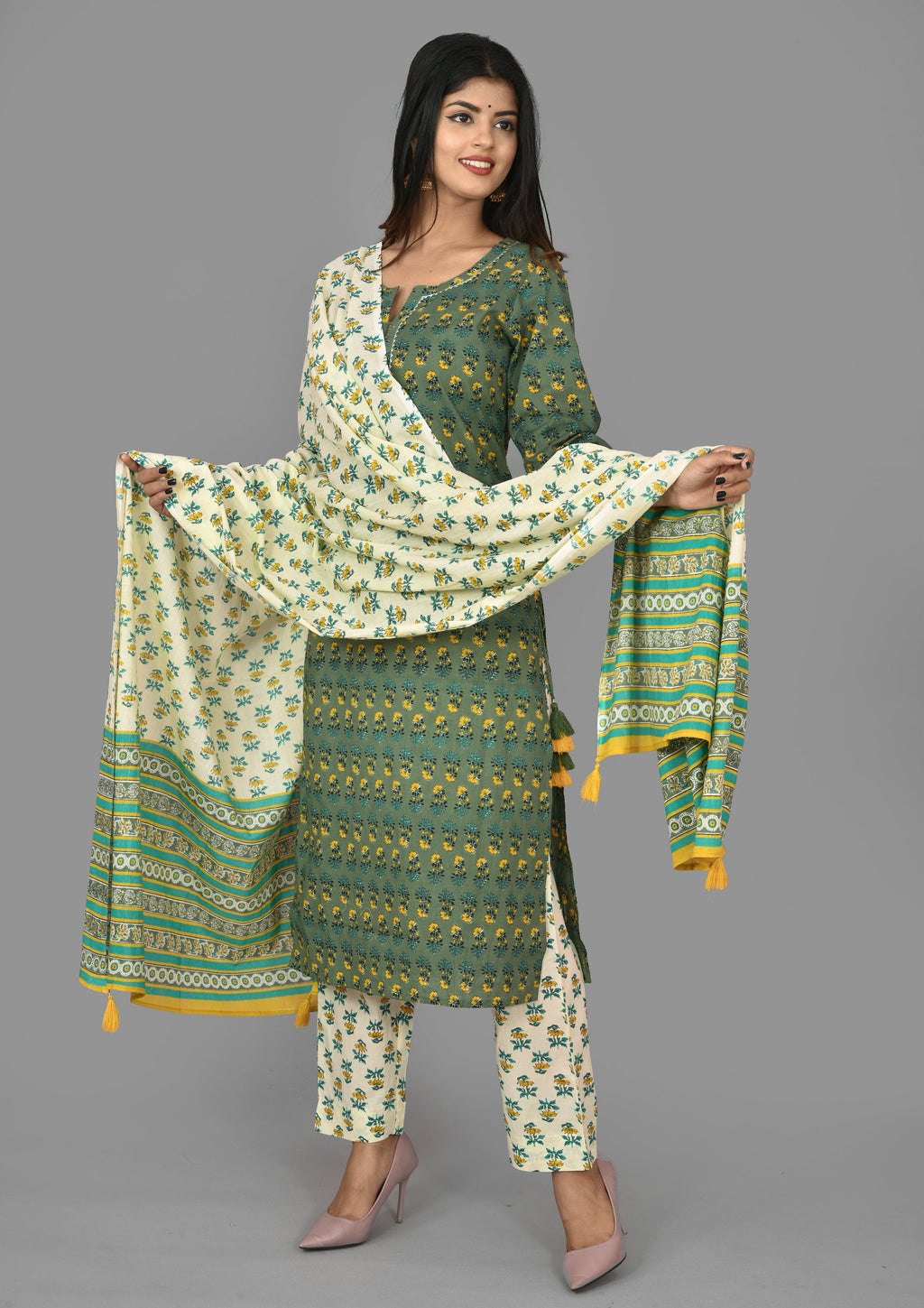 Kaajh Green Floral Print Cotton Suit Set For Women - Distacart