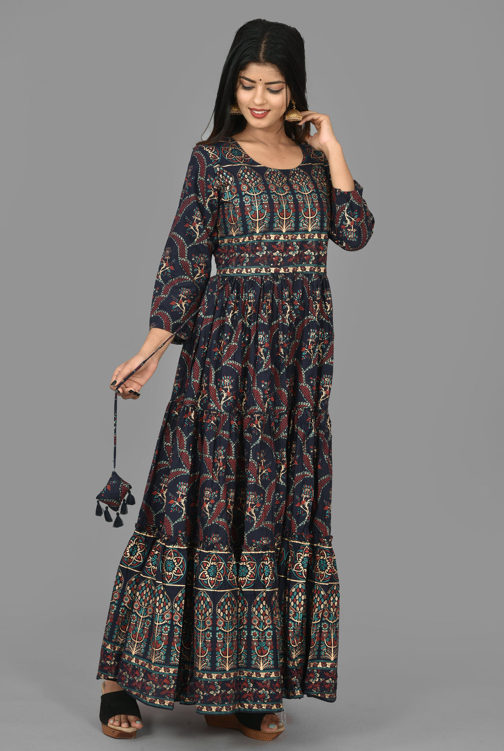 Kaajh Women's Blue Gold Printed Ethnic Anarkali Kurta - Distacart
