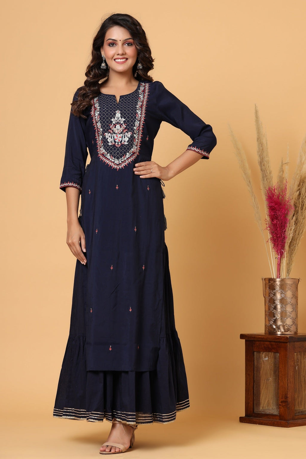 Kaajh Women's Blue Embroidery Chanderi Ethnic Kurta - Distacart