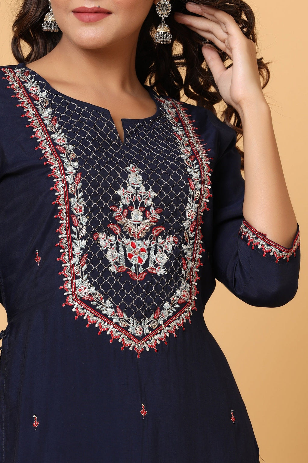 Kaajh Women's Blue Embroidery Chanderi Ethnic Kurta - Distacart