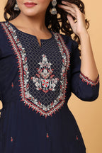 Kaajh Women's Blue Embroidery Chanderi Ethnic Kurta - Distacart