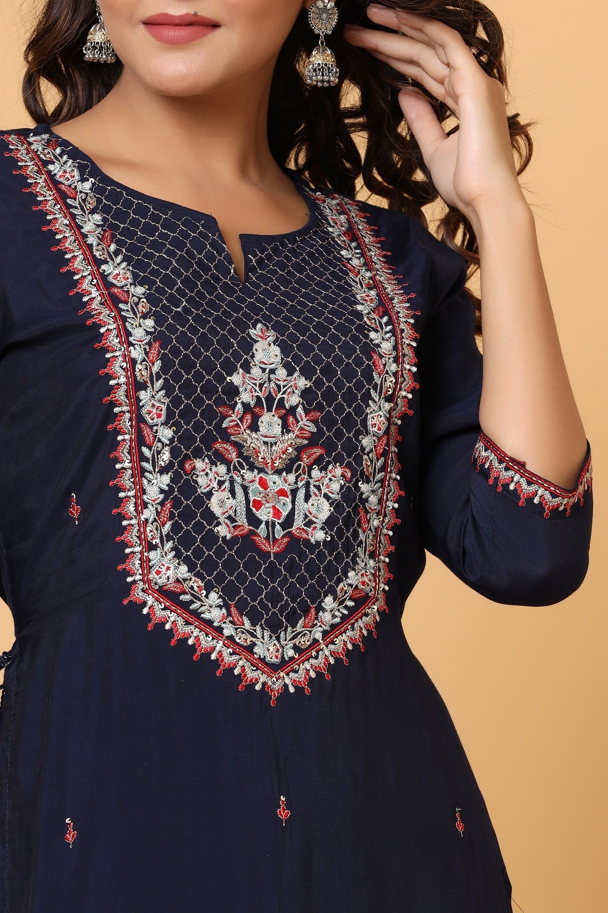 Kaajh Women's Blue Embroidery Chanderi Ethnic Kurta - Distacart