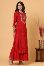 Kaajh Women's Red Embroidery Chanderi Ethnic Kurta - Distacart