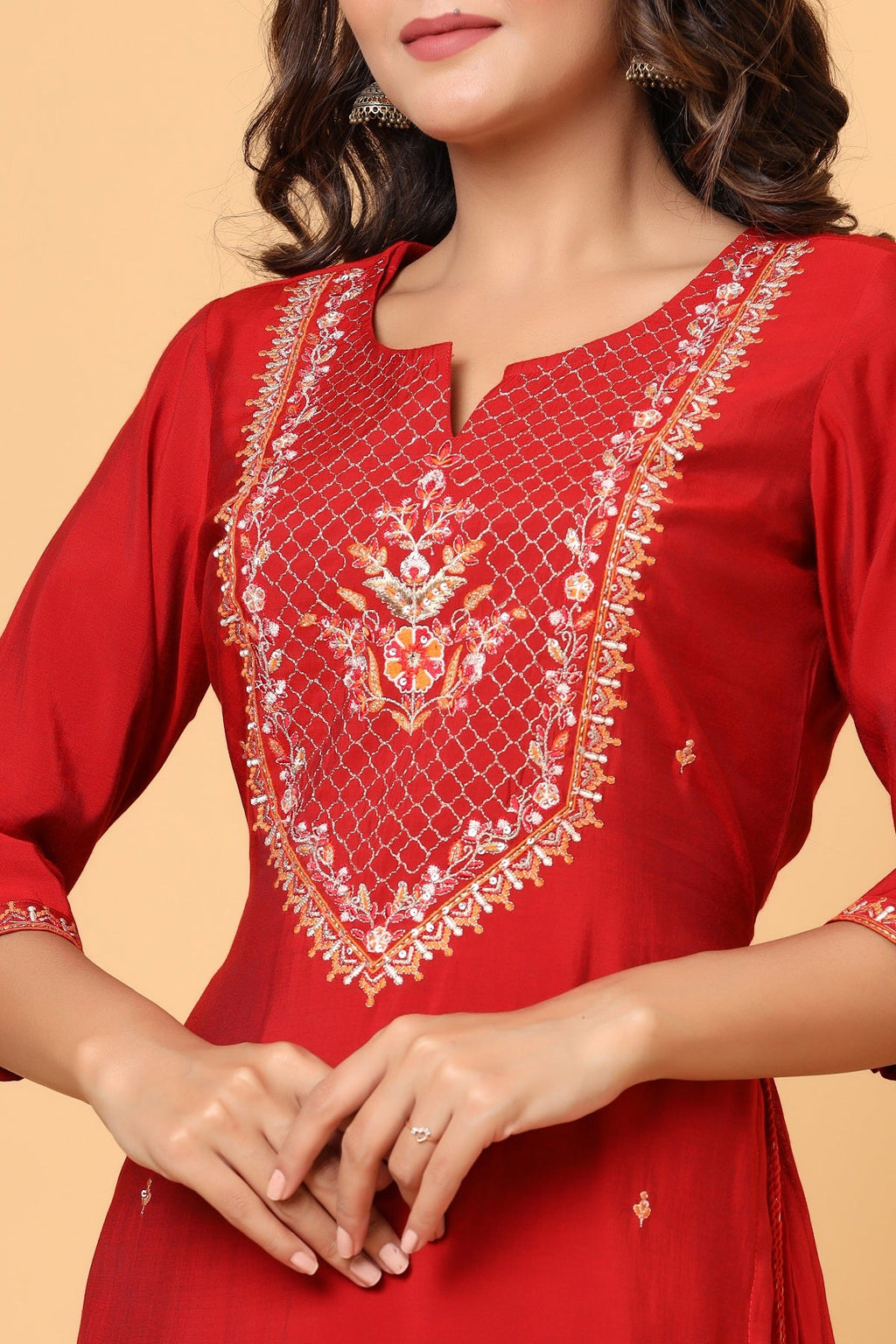 Kaajh Women's Red Embroidery Chanderi Ethnic Kurta - Distacart
