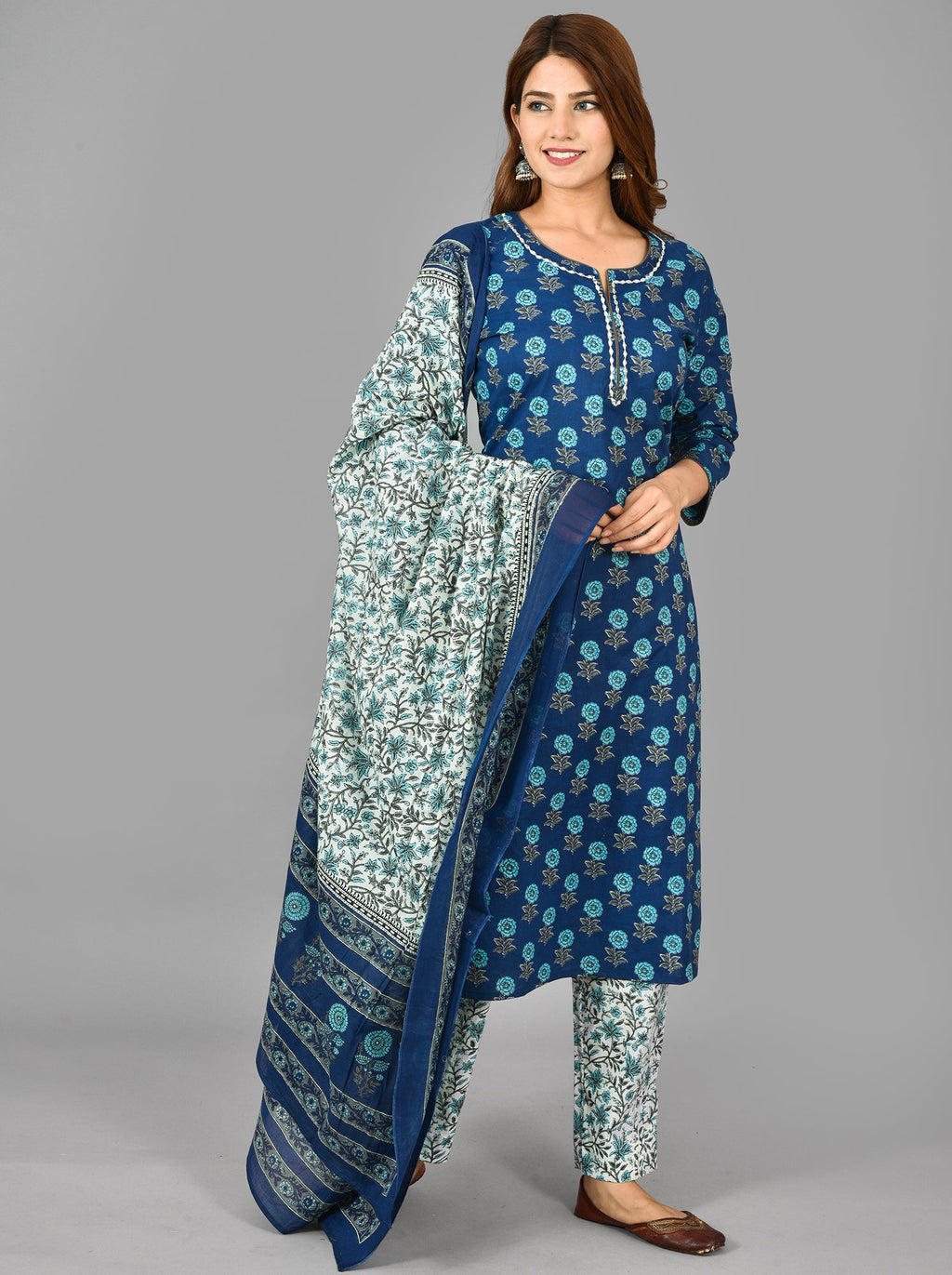 Kaajh Women's Blue Floral Print Cotton Suit Set - Distacart