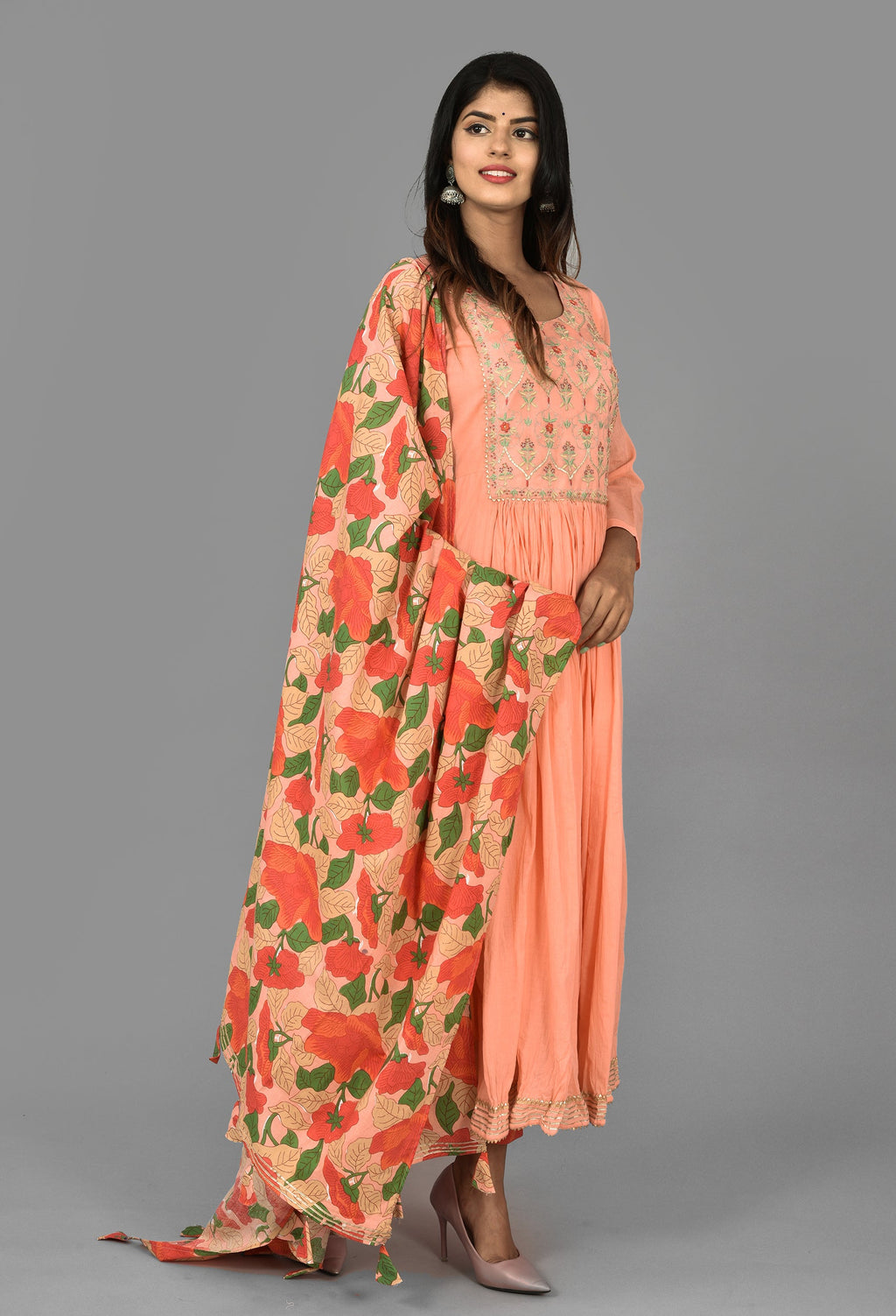 Kaajh Women's Peach Floral Print Anarkali Suit Set - Distacart