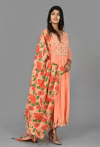 Kaajh Women's Peach Floral Print Anarkali Suit Set - Distacart