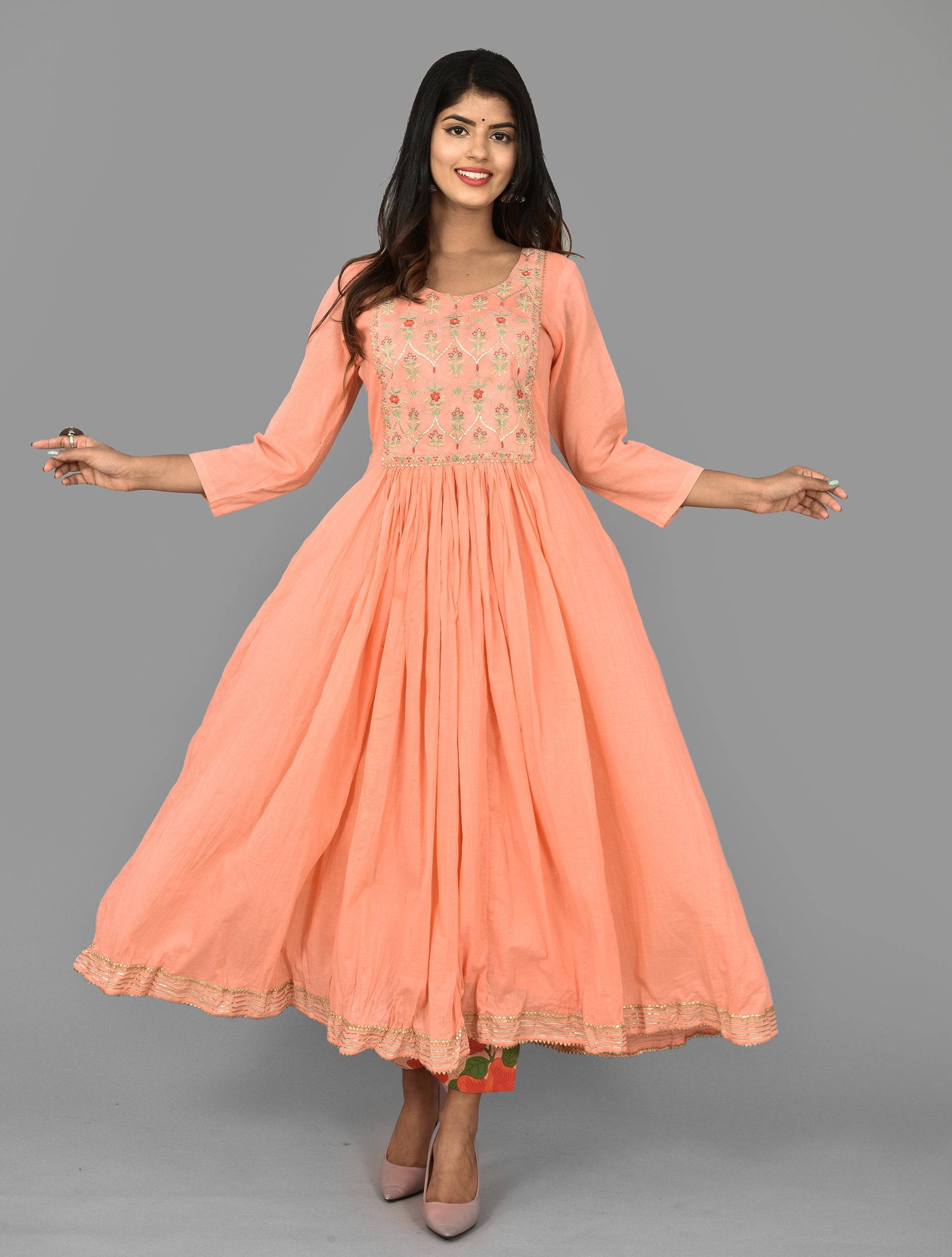 Kaajh Women's Peach Floral Print Anarkali Suit Set - Distacart