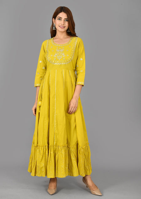 Kaajh Women's Yellow Zari Embroidery Anarkali Kurta
