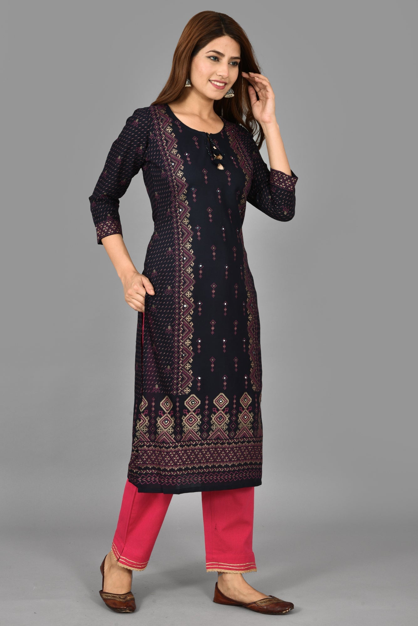 Kaajh Women's Blue Printed Rayon Stitched Kurta Pant Set - Distacart