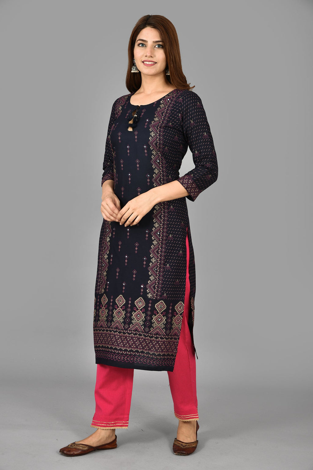 Kaajh Women's Blue Printed Rayon Stitched Kurta Pant Set - Distacart