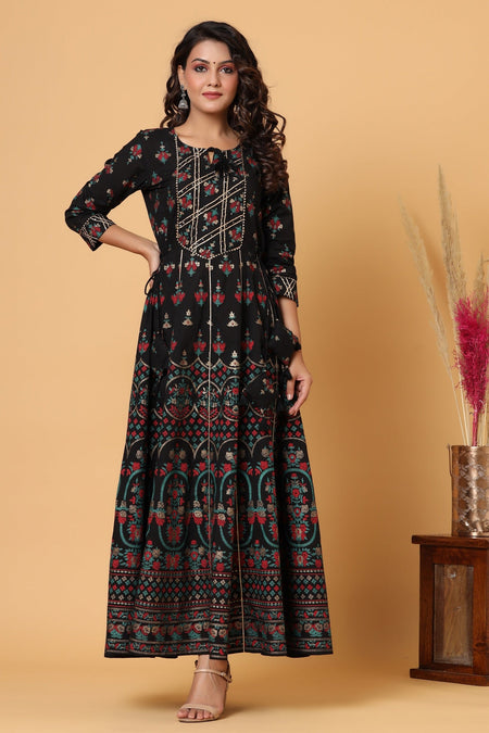 Kaajh Women's Black Gold Printed Embellishment Anarkali Kurta