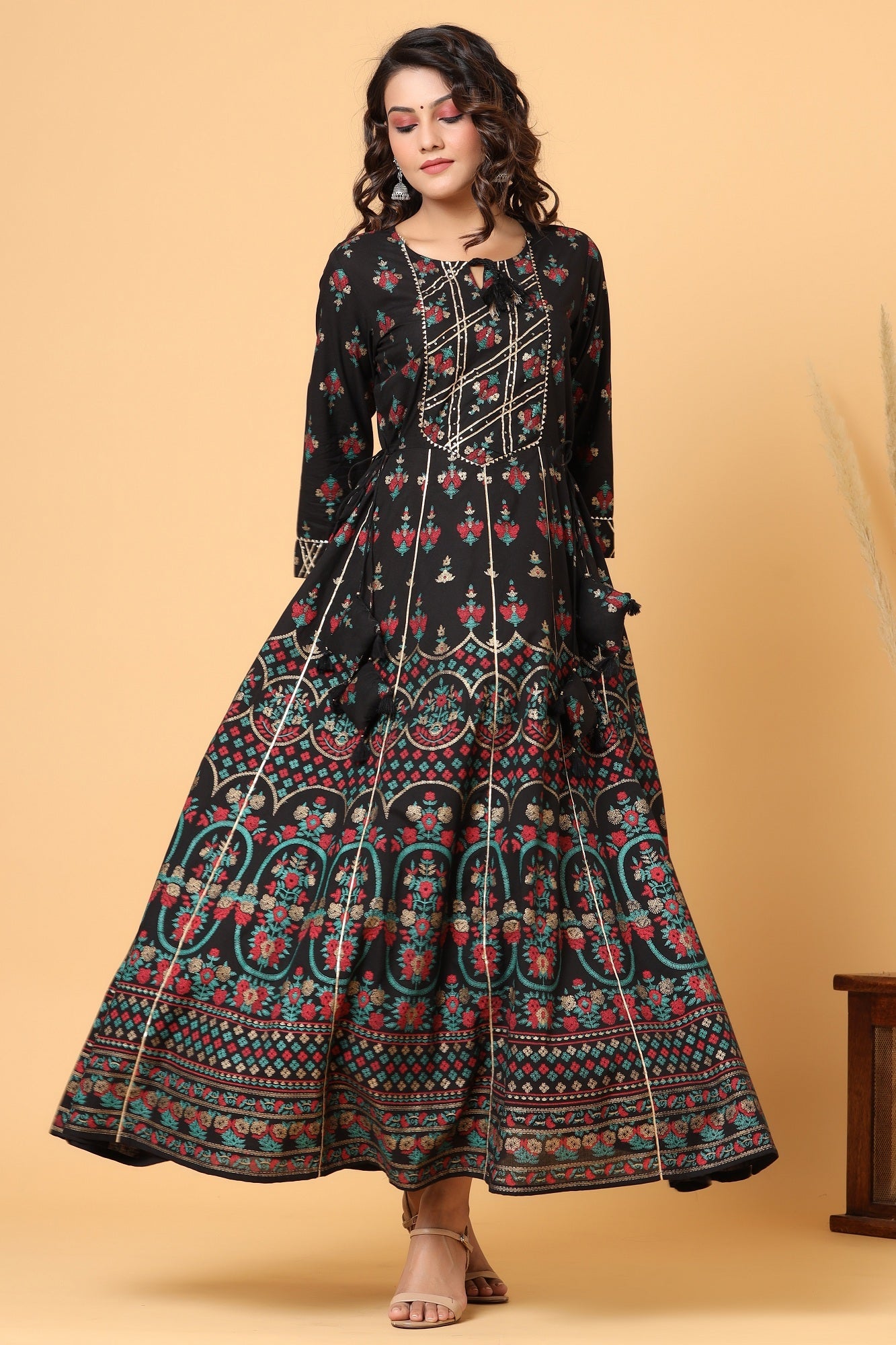 Kaajh Women's Black Gold Printed Embellishment Anarkali Kurta - Distacart