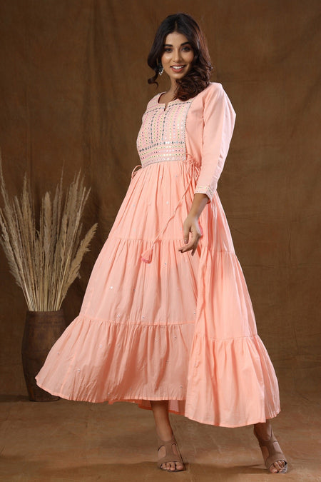 Kaajh Women's Peach Mirror Embellishment Anarkali Kurta