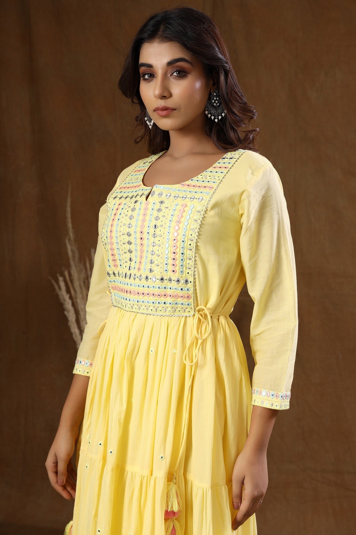 Kaajh Women's Yellow Mirror Embellishment Anarkali Kurta - Distacart