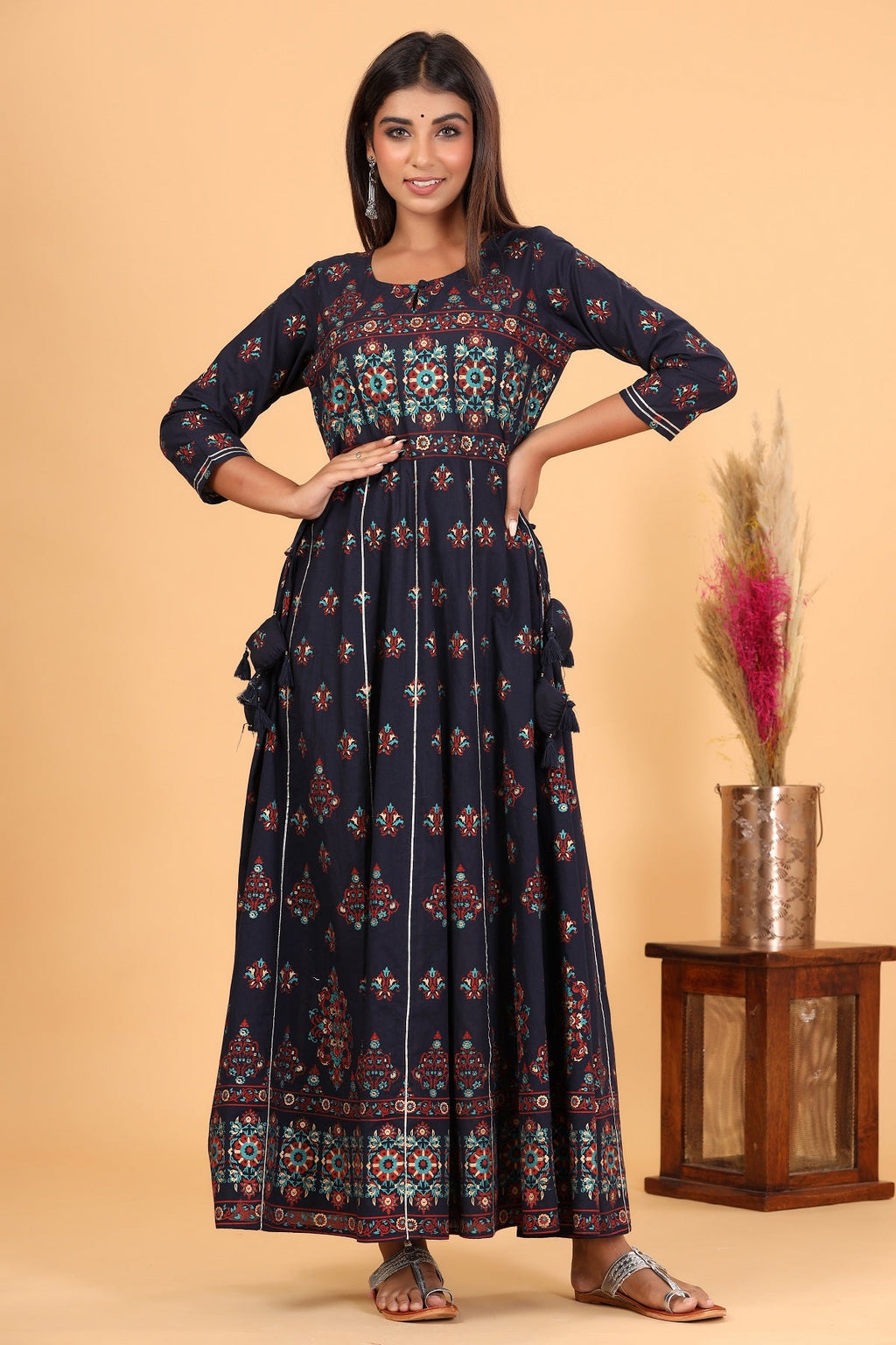 Kaajh Women's Blue Gold Print Embellishment Anarkali Kurta - Distacart
