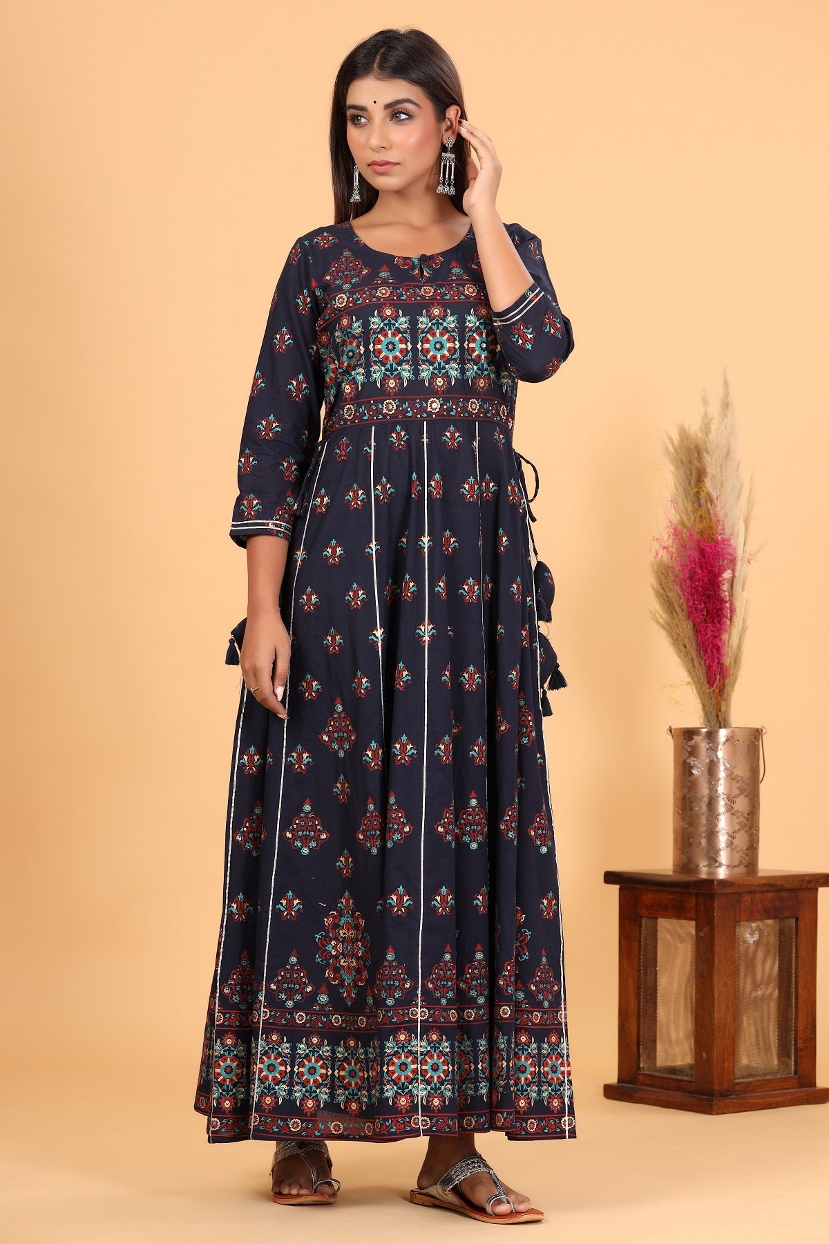 Kaajh Women's Blue Gold Print Embellishment Anarkali Kurta - Distacart
